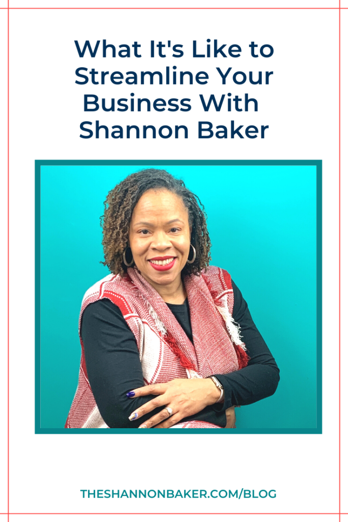 The words What It's Like to Streamline Your Business With Shannon Baker over a square image of Shannon Baker wearing a red and white checkered wool vest over a long sleeve black shirt with her arms crossed. She is smiling at the camera.