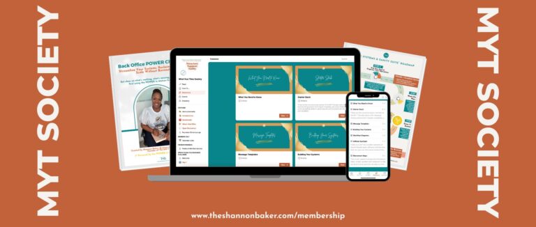 Visual mockup of the Mind Your Time Society membership, featuring a laptop, tablet, and smartphone displaying the member portal and digital tools. Includes the Back Office POWER Checklist, Systems & Sanity Roadmap, and Starter Stack. Background is burnt orange with ‘MYT SOCIETY’ written vertically on both sides and website link www.theshannonbaker.com/membership centered at the bottom.