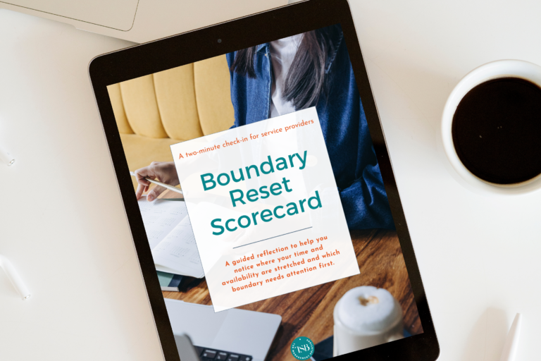 Tablet displaying the Boundary Reset Scorecard on a clean desk with a laptop and a cup of coffee, representing a calm, intentional check-in for service providers to review boundaries and time use.