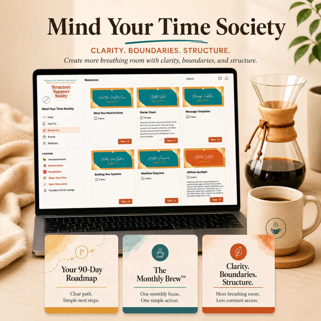 Square promotional image for the Mind Your Time Society membership featuring a warm, coffeehouse-inspired workspace. A laptop centered on a soft cream desk displays the Mind Your Time Society membership dashboard with organized resource sections and warm coral and teal accents. Beside the laptop is a Chemex pour-over coffee maker and ceramic mug, adding a calm, cozy atmosphere. Above the laptop, the headline reads “Mind Your Time Society” with the tagline “Clarity. Boundaries. Structure.” and the subheading “Create more breathing room with clarity, boundaries, and structure.” Three polished membership resource cards line the bottom of the image: “Your 90-Day Roadmap,” “The Monthly Brew™,” and “Clarity. Boundaries. Structure.” The overall style is modern, spacious, warm, and strategic with soft cream, warm oat, espresso brown, coral, golden yellow, and subtle teal accents.